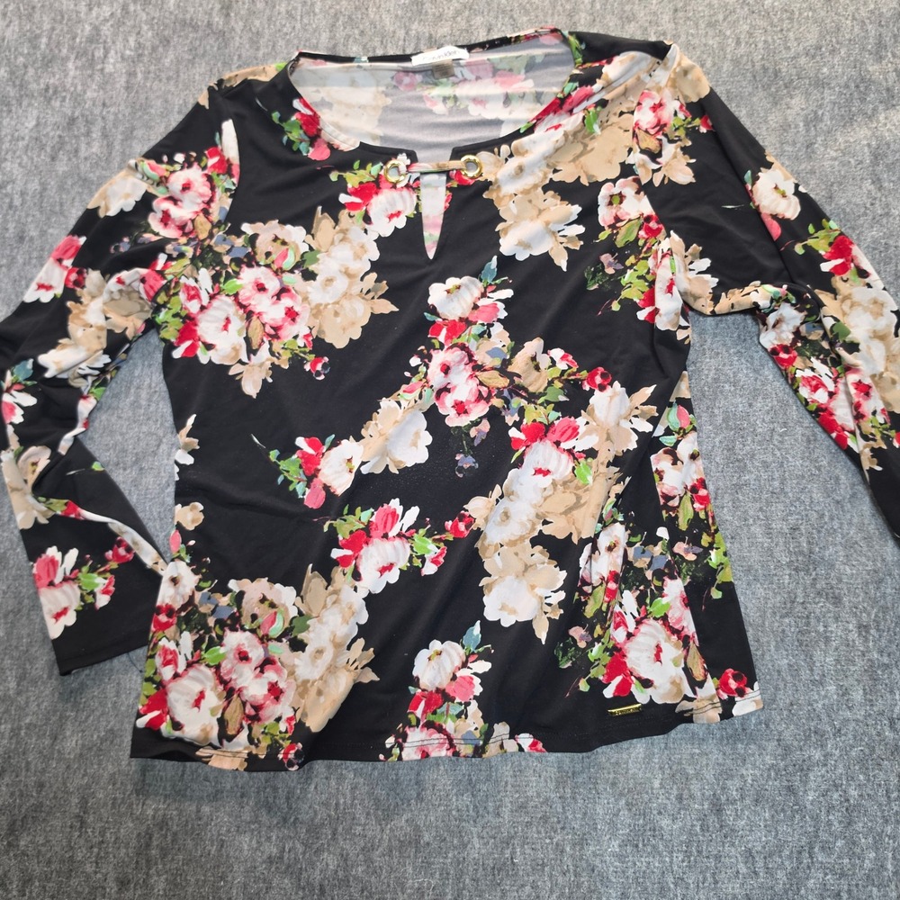 Calvin Klein Womens Floral Long Sleeve Keyhole Grommet Top Black Multi Color